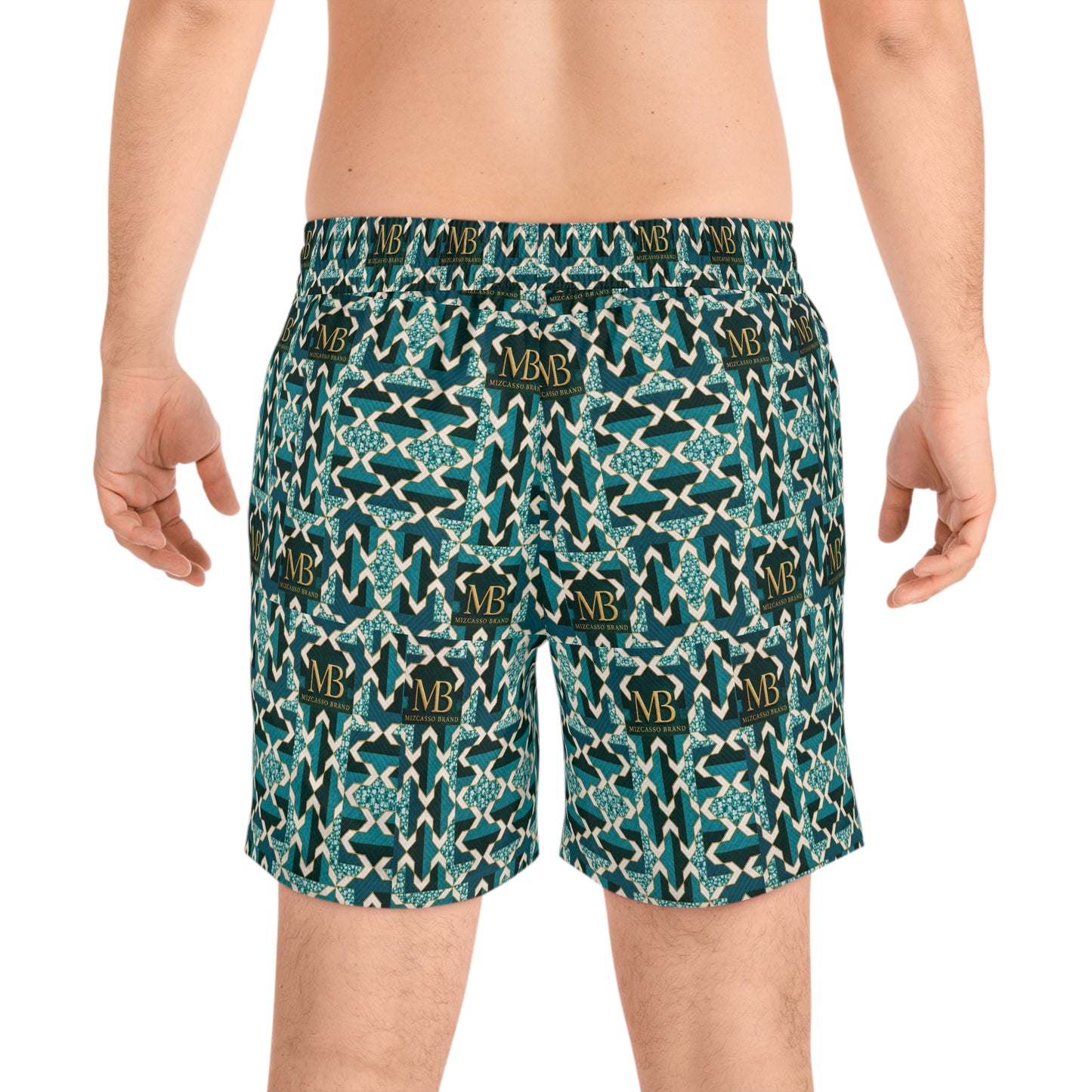 Monogram Medallion Swim Shorts — Teal Geometric AOP