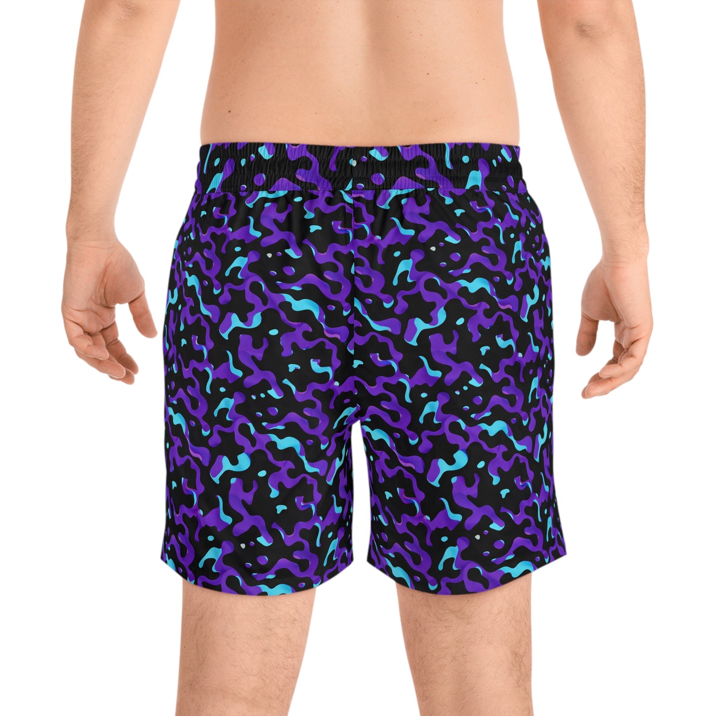 Men's Mid-Length Swim Shorts — Purple Teal Camo with 'Mizeauso' Script