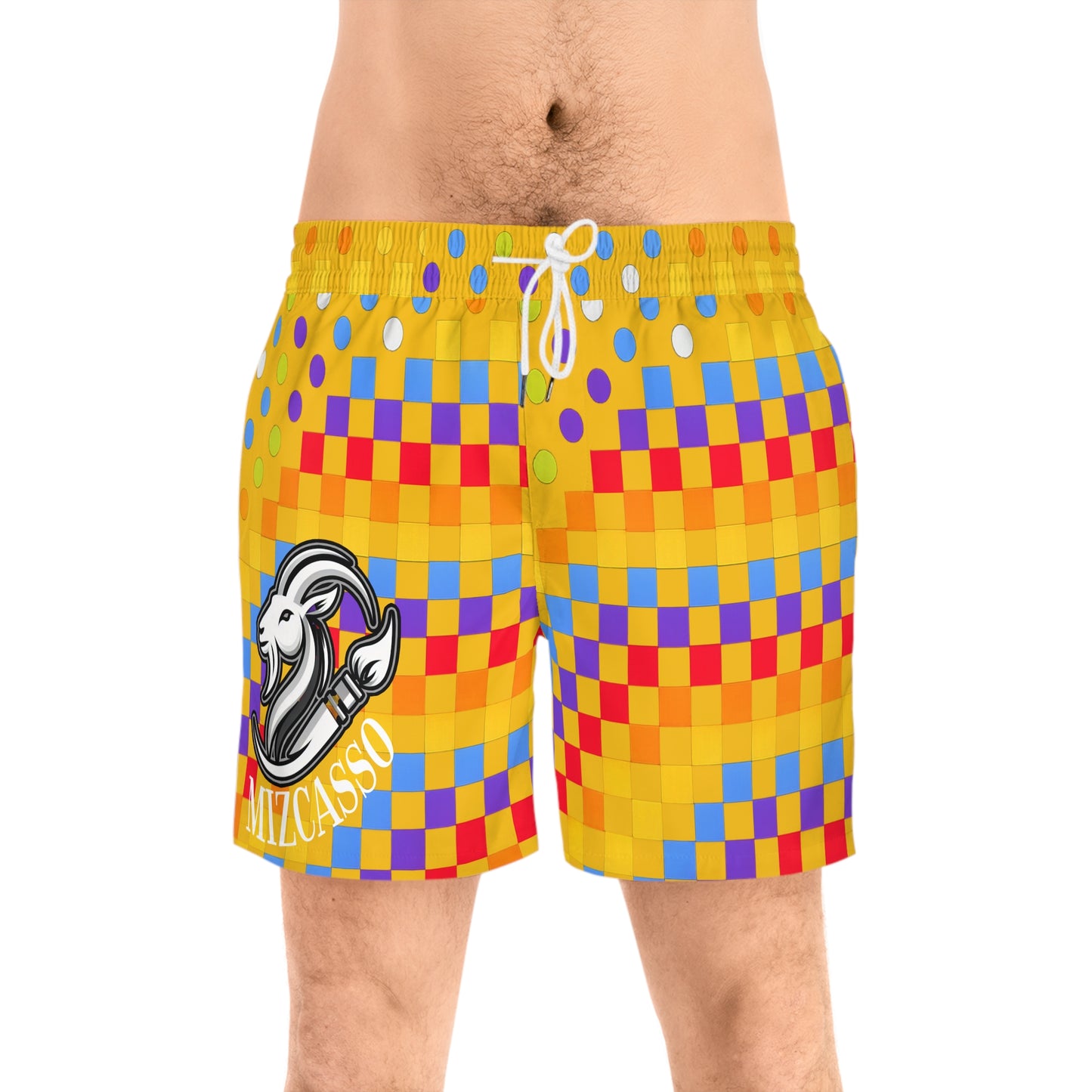 Men's Bright Checkerboard Swim Shorts — Mizcasso Logo