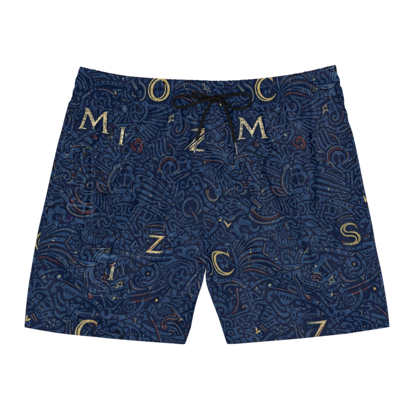 Navy Nautical Letter-Print Swim Shorts — Men's Mid-Length Beach Trunks