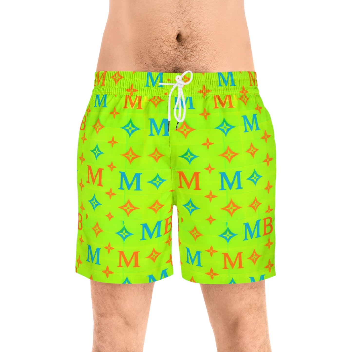 Neon Monogram Swim Shorts — Men's Mid-Length Beach Trunks
