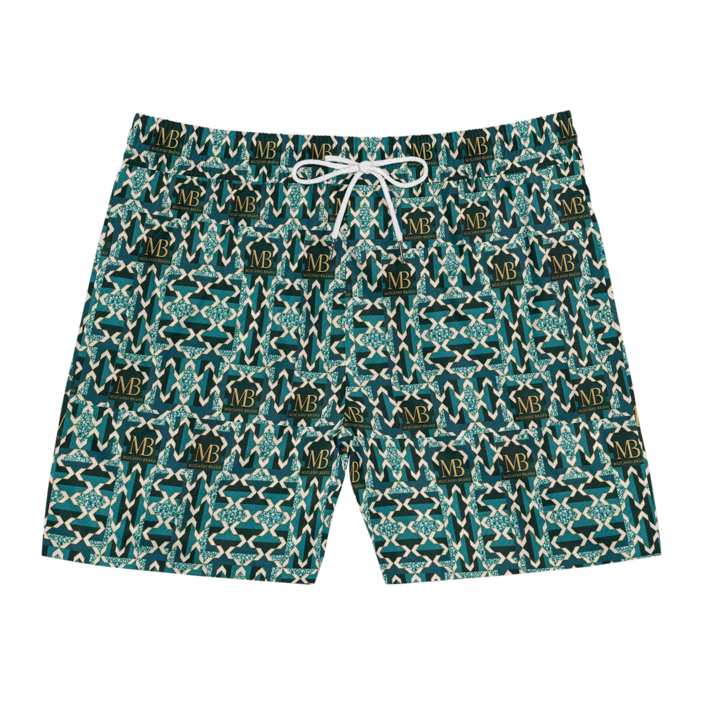 Monogram Medallion Swim Shorts — Teal Geometric AOP