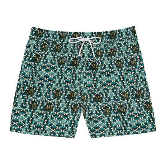 Monogram Medallion Swim Shorts — Teal Geometric AOP