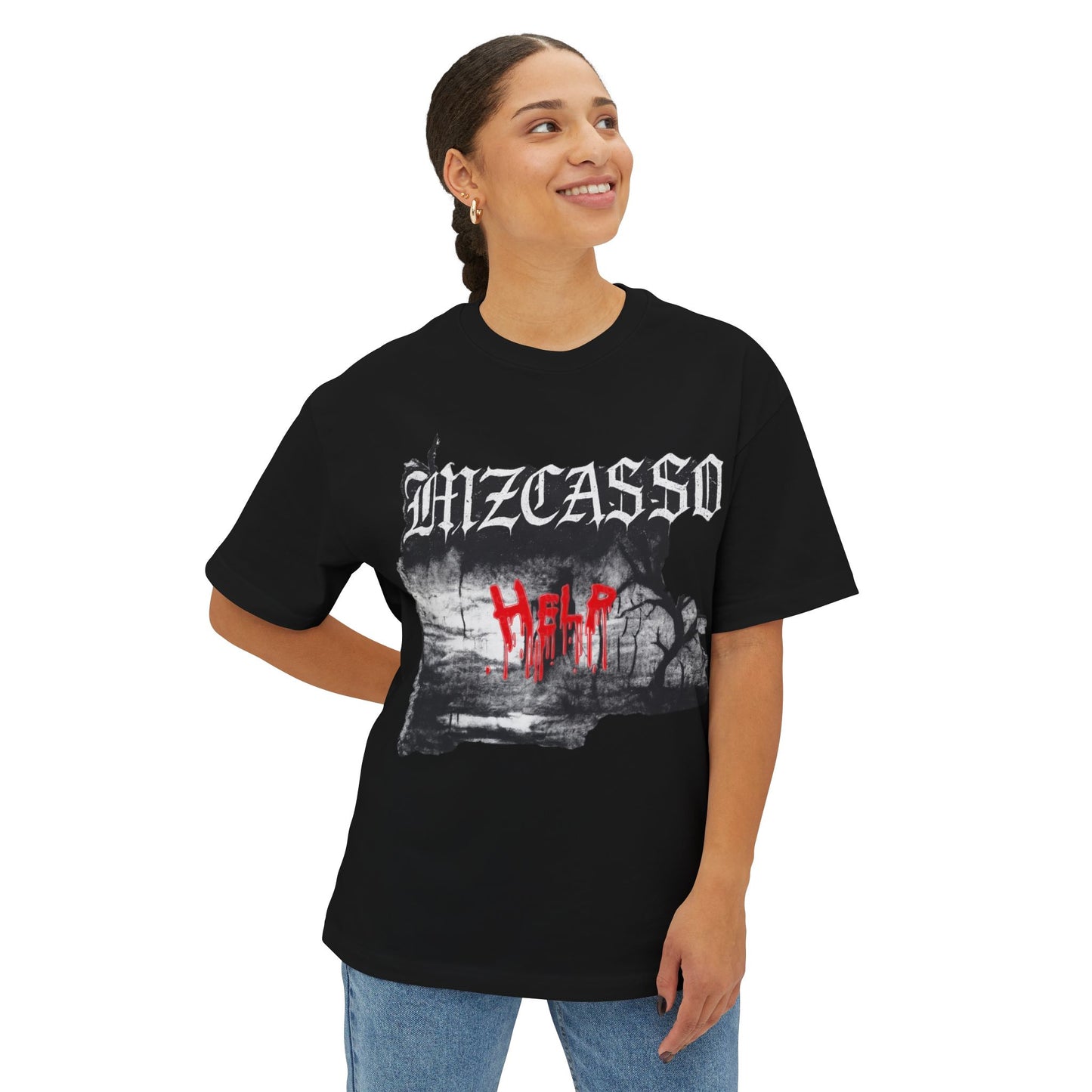 Gothic 'HELP' Graphic Tee — Oversized Boxy Horror Streetwear