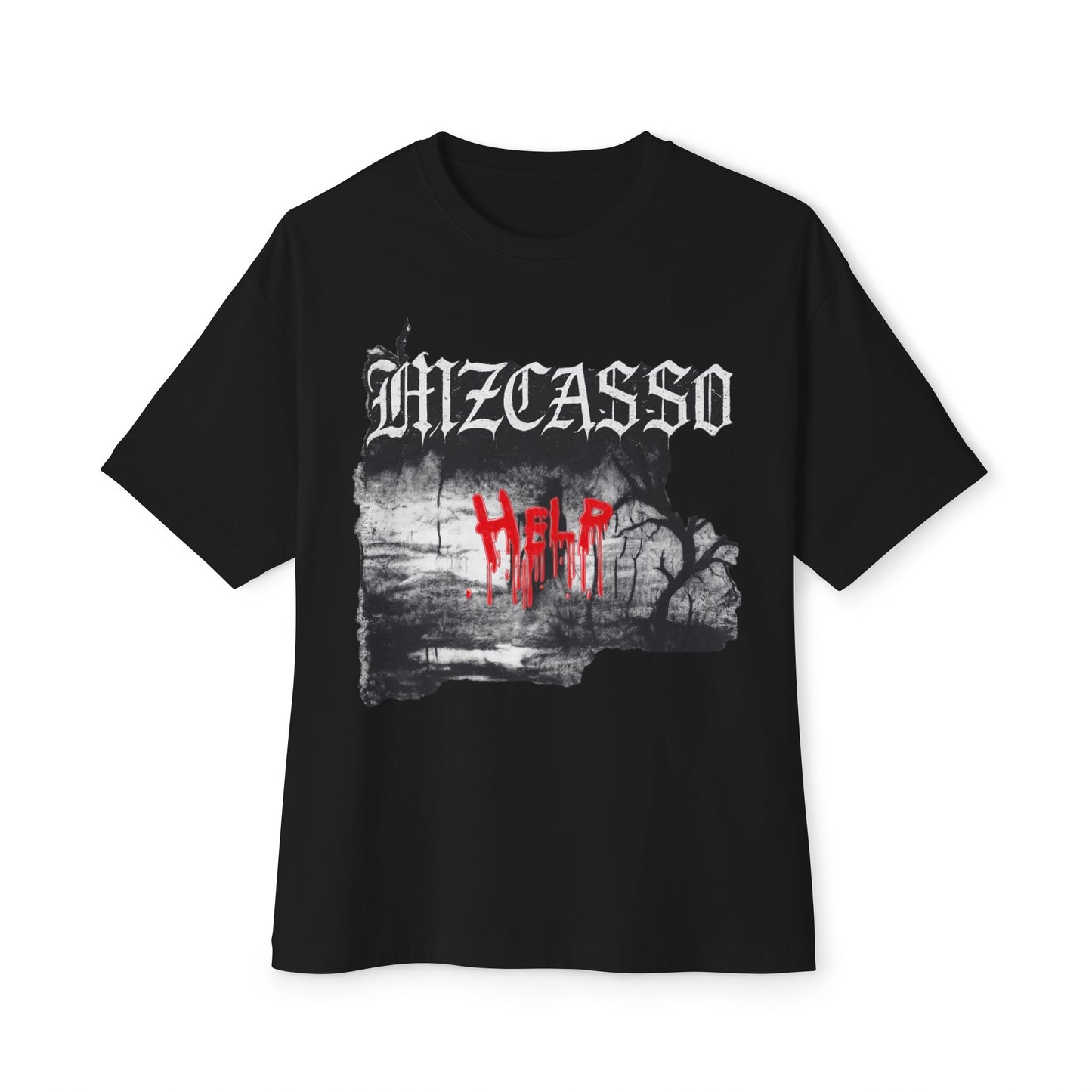 Gothic 'HELP' Graphic Tee — Oversized Boxy Horror Streetwear