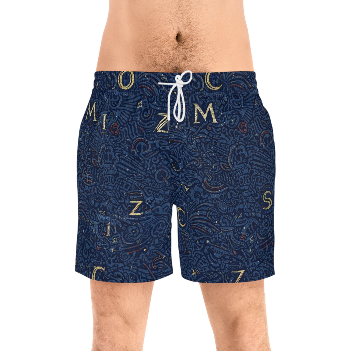 Navy Nautical Letter-Print Swim Shorts — Men's Mid-Length Beach Trunks