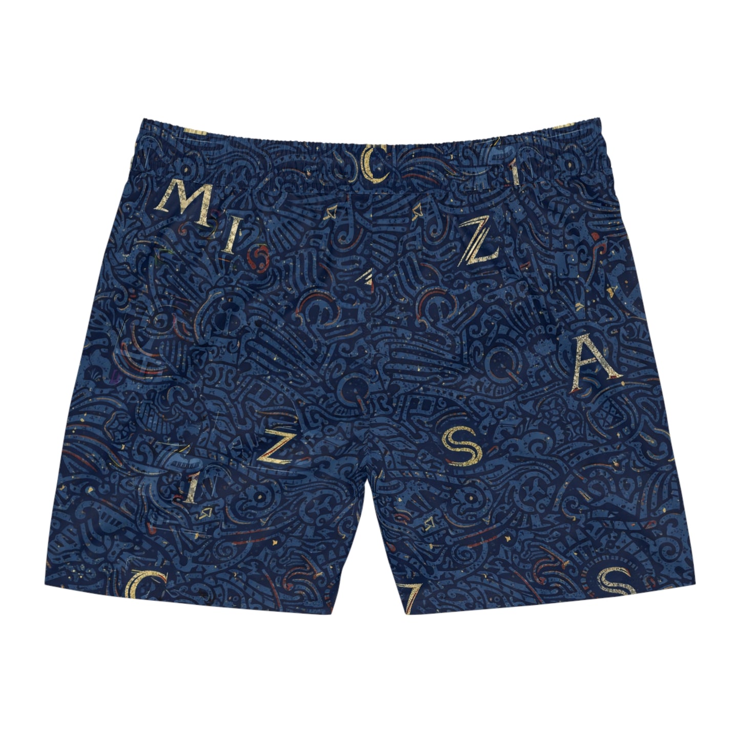 Navy Nautical Letter-Print Swim Shorts — Men's Mid-Length Beach Trunks