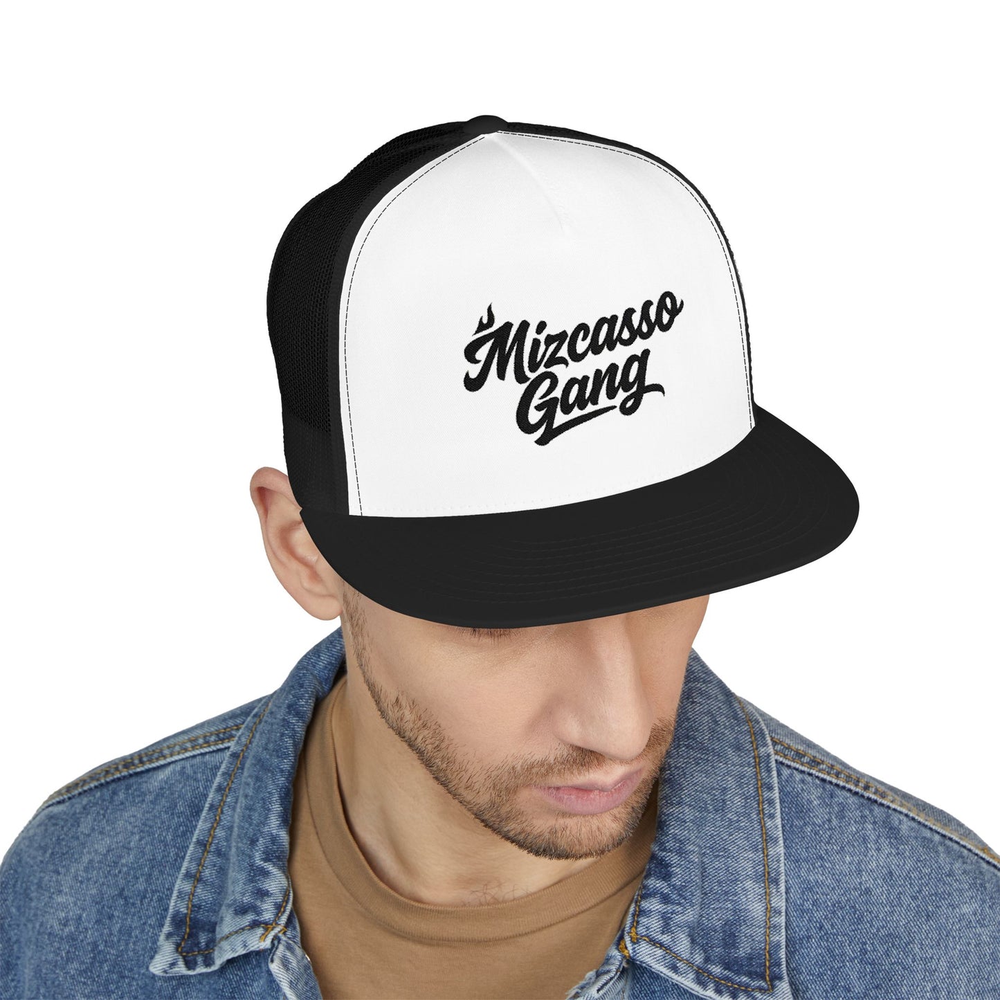 Mizcasso Gang Embroidered 5 Panel Trucker Cap - Vintage Style Hat for Casual Wear