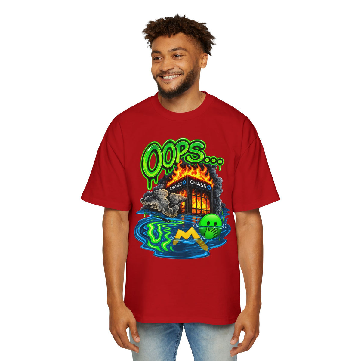 Oversized Tee - "Oops" Burning House Graphic with "I Think I Spilled Some" Back Text