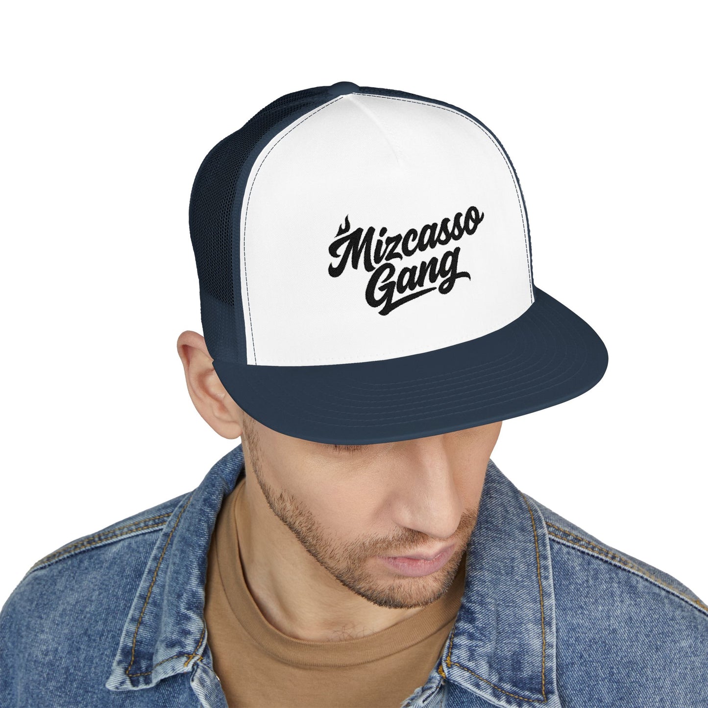 Mizcasso Gang Embroidered 5 Panel Trucker Cap - Vintage Style Hat for Casual Wear