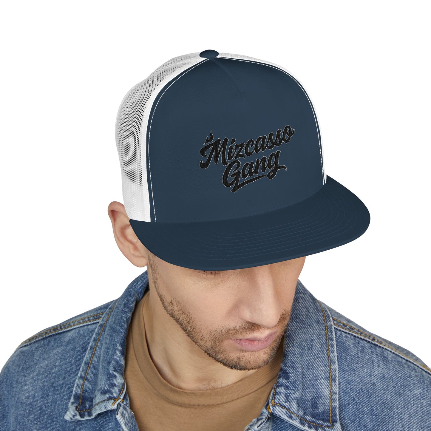 Mizcasso Gang Embroidered 5 Panel Trucker Cap - Vintage Style Hat for Casual Wear