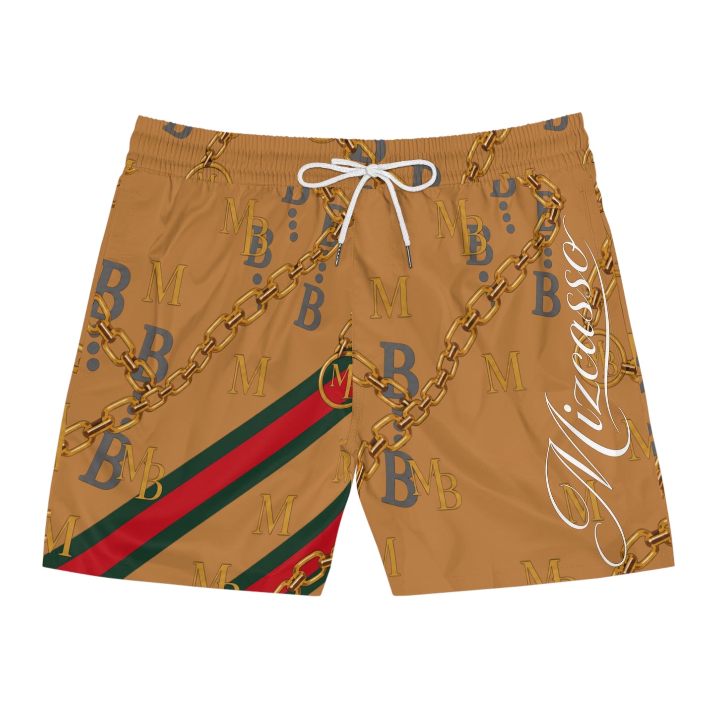 Men's Designer-Inspired Swim Shorts — Gold Chain Monogram AOP