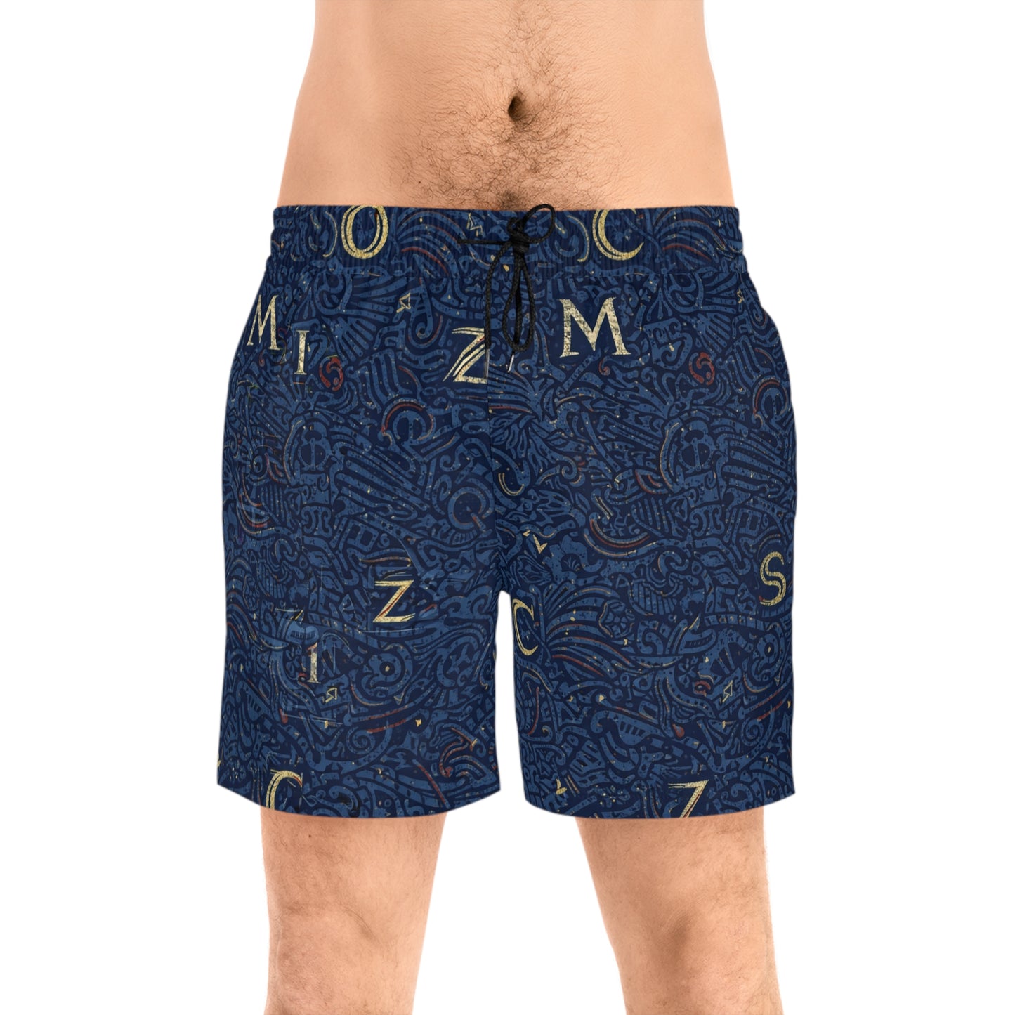 Navy Nautical Letter-Print Swim Shorts — Men's Mid-Length Beach Trunks