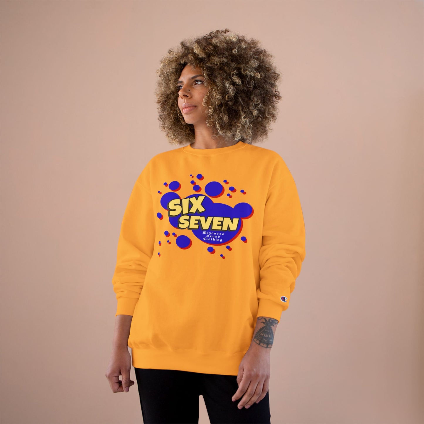 Six Seven Graphic Sweatshirt — Retro Bubble Logo Champion Crewneck