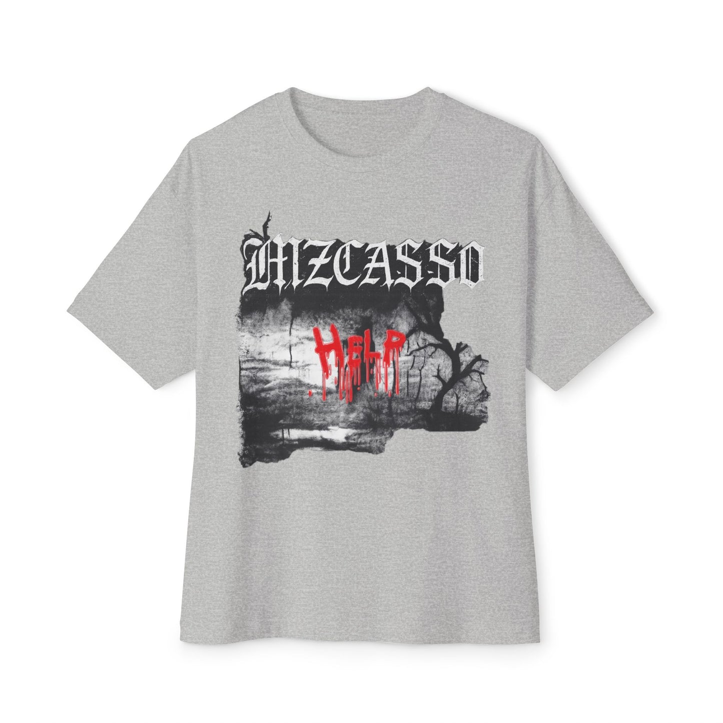 Gothic 'HELP' Graphic Tee — Oversized Boxy Horror Streetwear