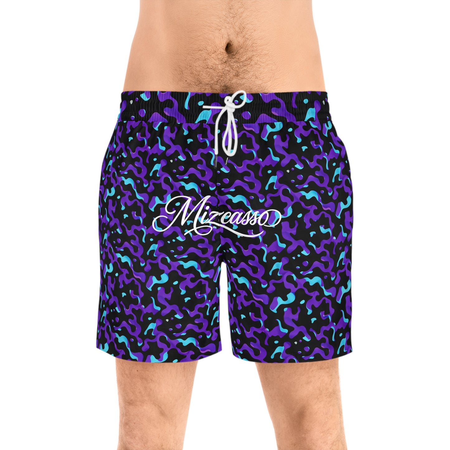 Men's Mid-Length Swim Shorts — Purple Teal Camo with 'Mizeauso' Script