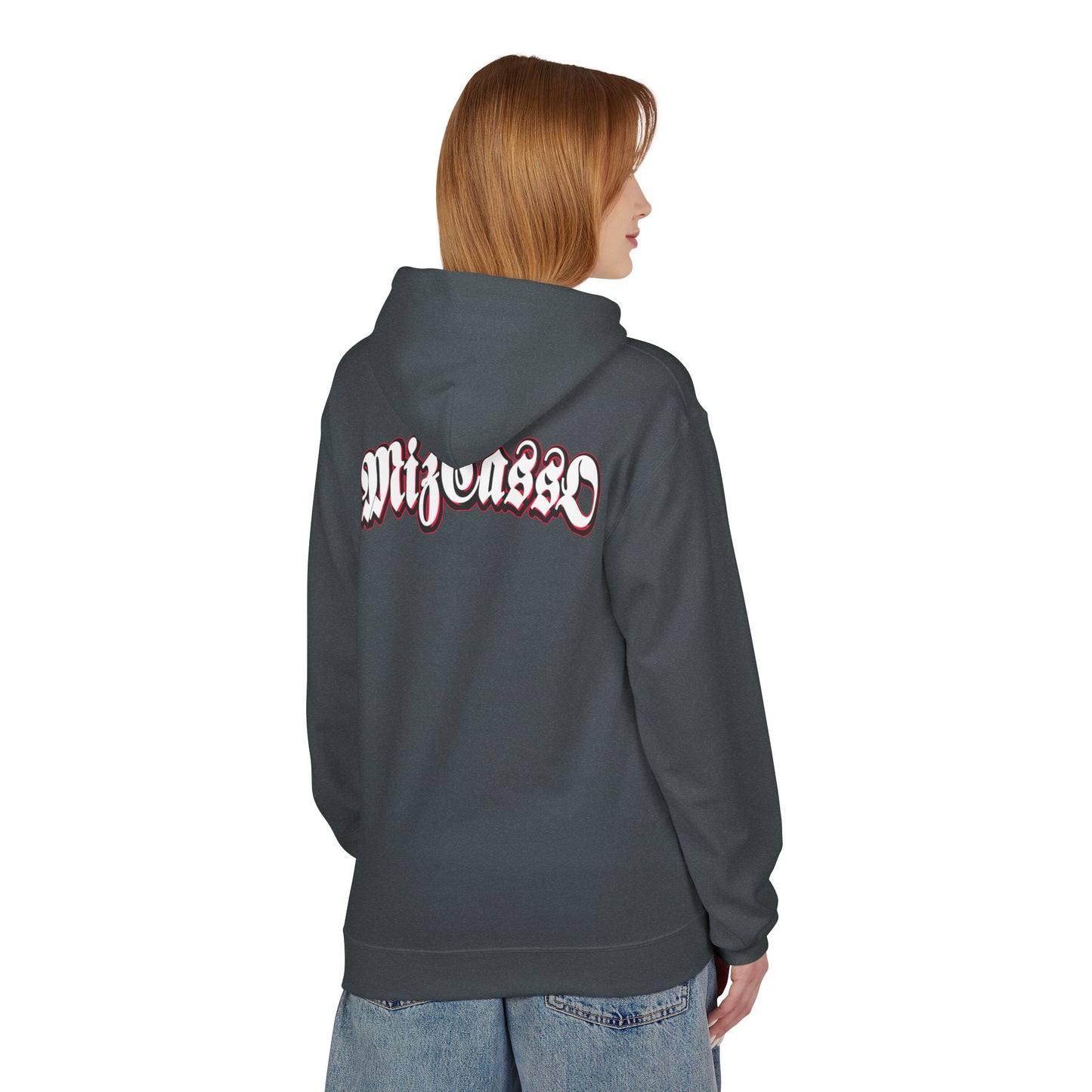 “Mi Gusto” Gothic Script Hoodie — White Graphic Pullover