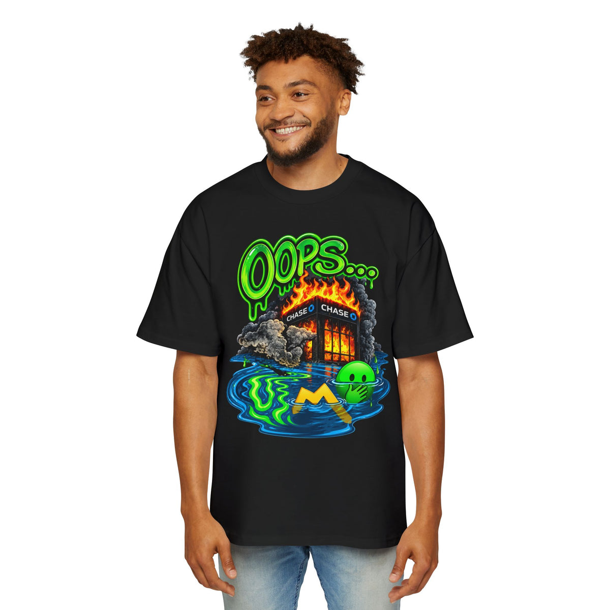 Oversized Tee - "Oops" Burning House Graphic with "I Think I Spilled Some" Back Text