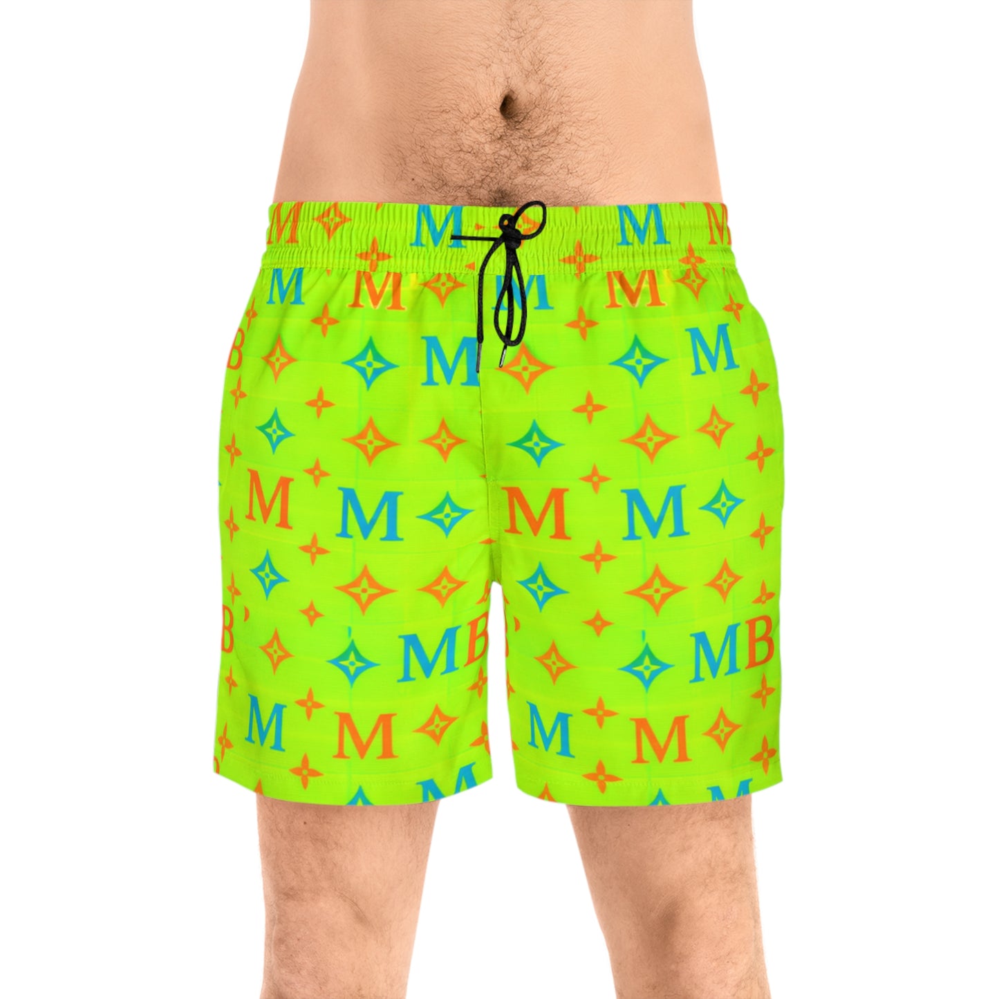 Neon Monogram Swim Shorts — Men's Mid-Length Beach Trunks