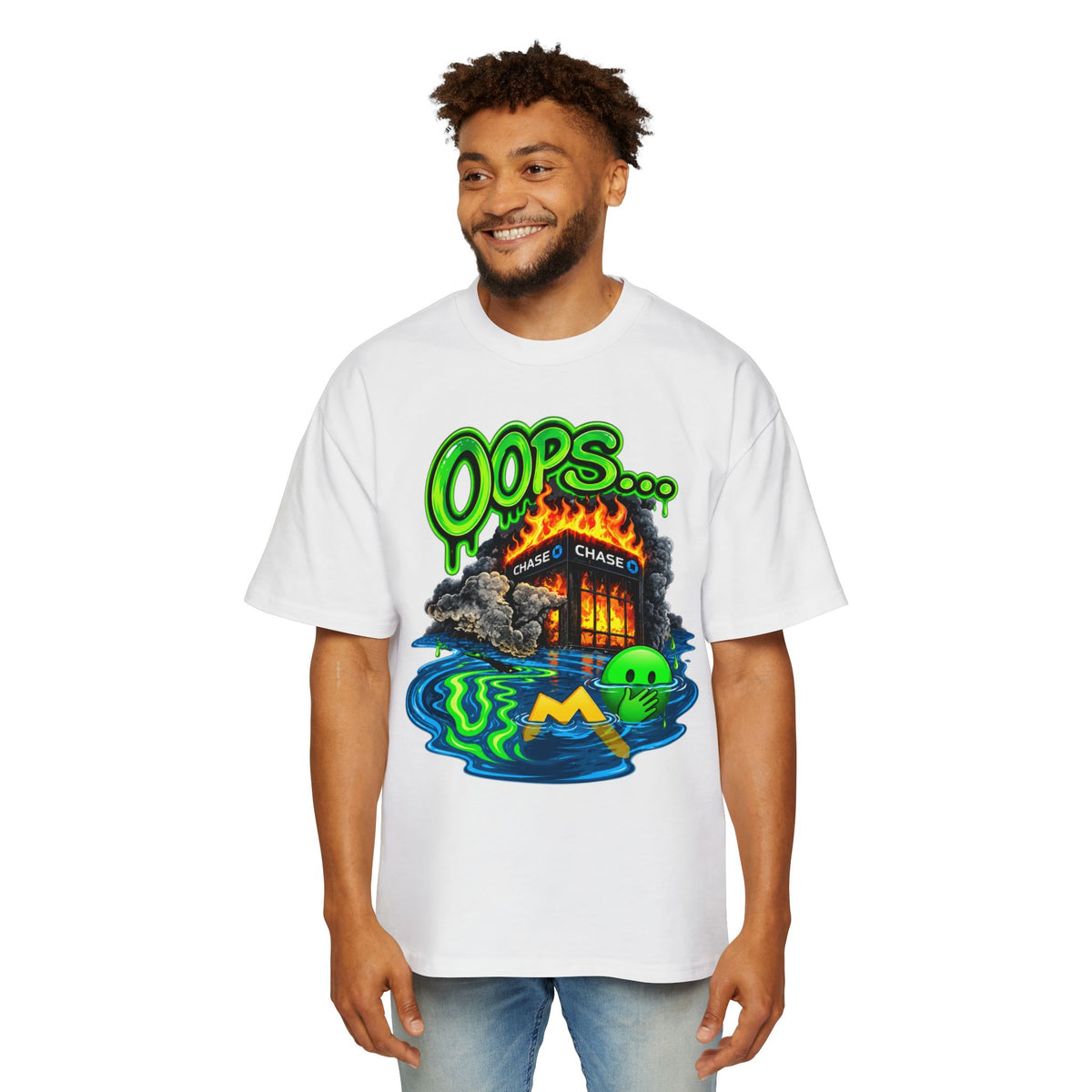 Oversized Tee - "Oops" Burning House Graphic with "I Think I Spilled Some" Back Text