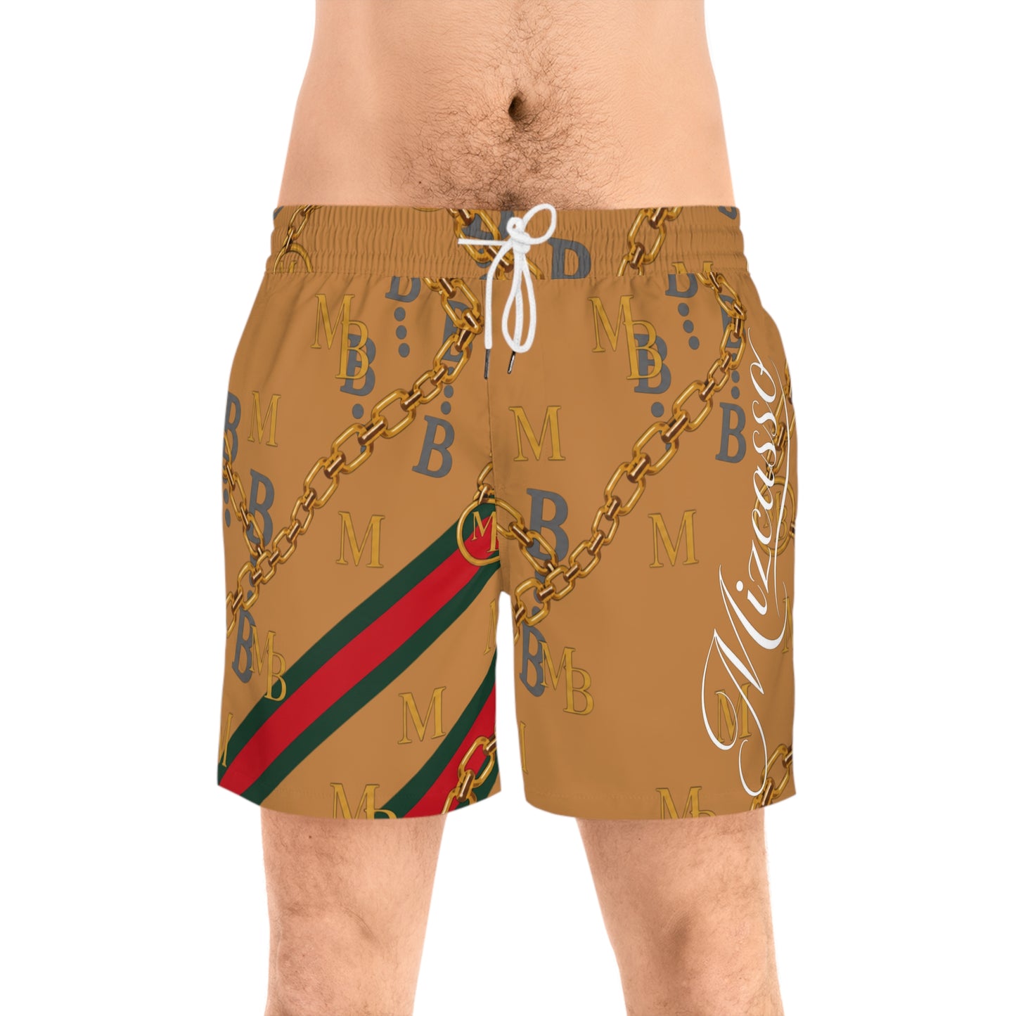Men's Designer-Inspired Swim Shorts — Gold Chain Monogram AOP