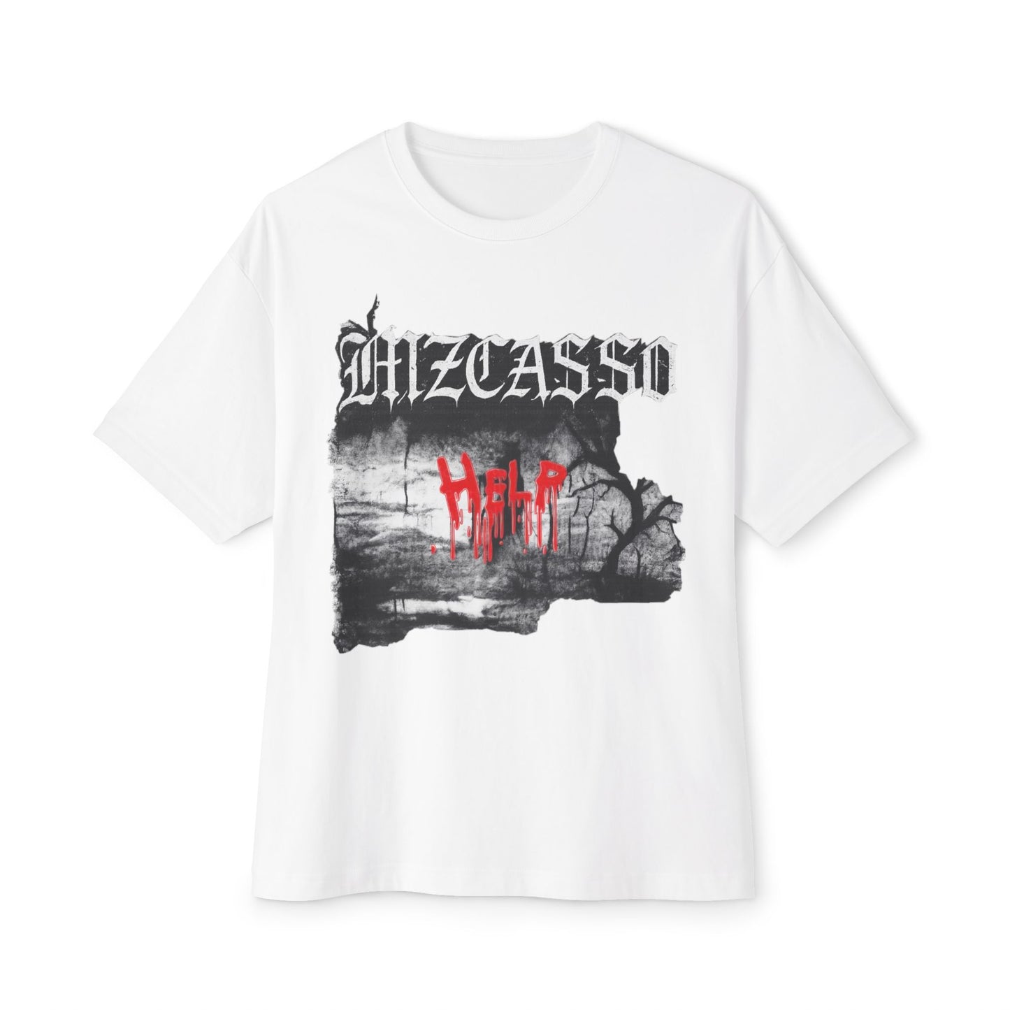 Gothic 'HELP' Graphic Tee — Oversized Boxy Horror Streetwear