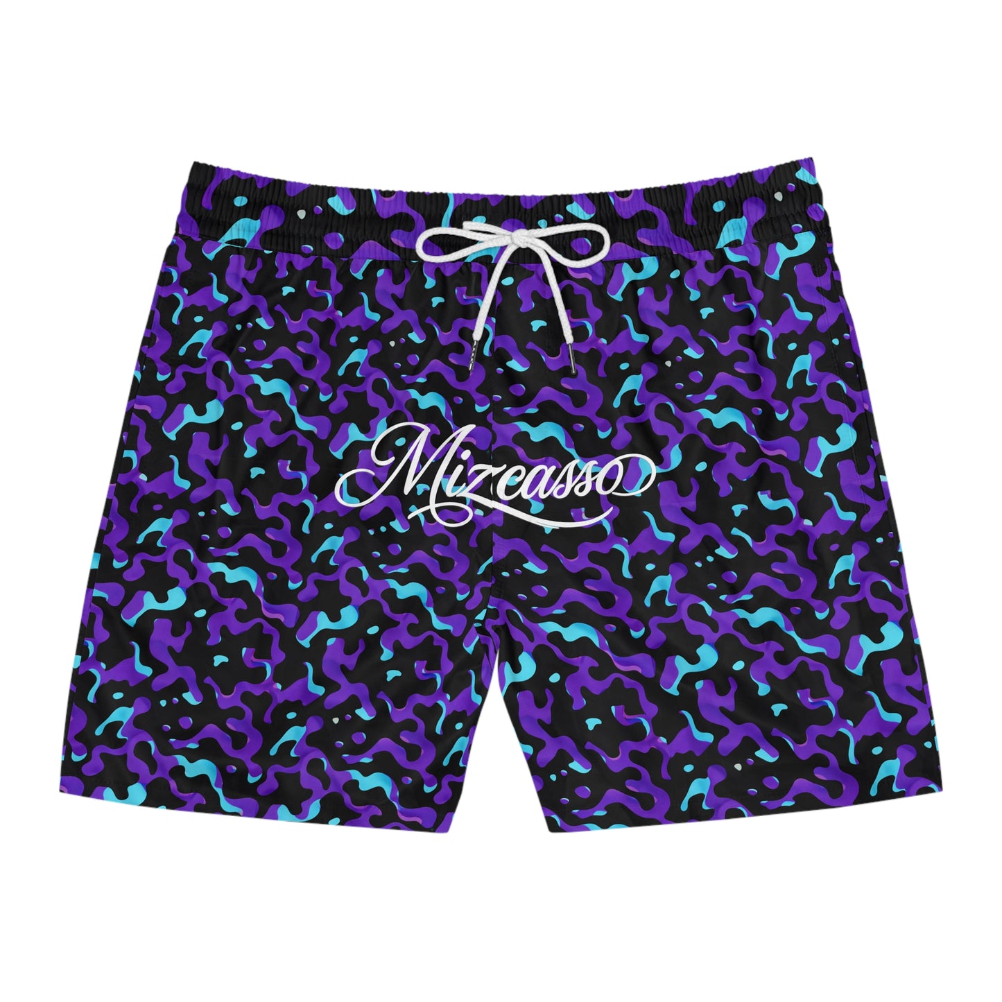 Men's Mid-Length Swim Shorts — Purple Teal Camo with 'Mizeauso' Script