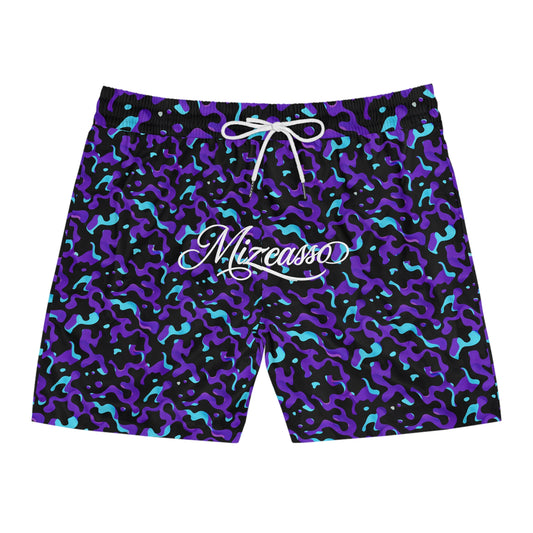 Men's Mid-Length Swim Shorts — Purple Teal Camo with 'Mizeauso' Script
