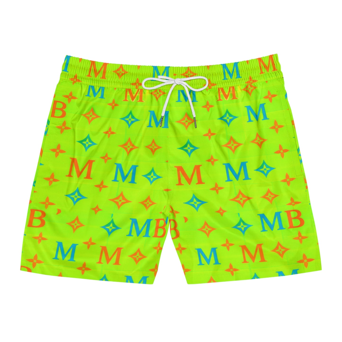 Neon Monogram Swim Shorts — Men's Mid-Length Beach Trunks