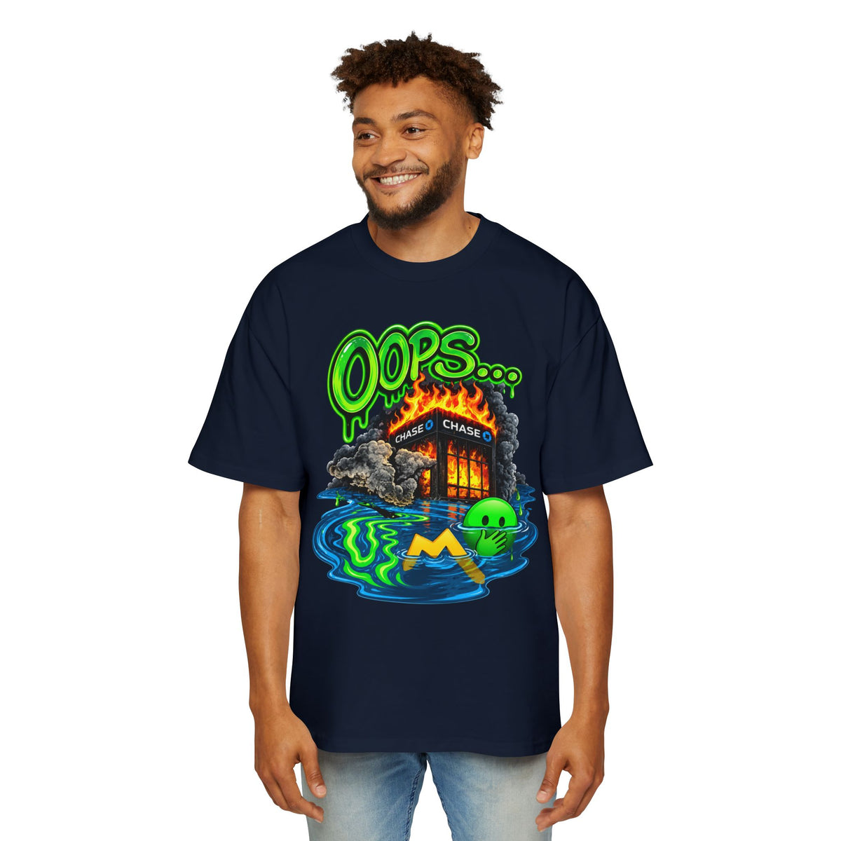 Oversized Tee - "Oops" Burning House Graphic with "I Think I Spilled Some" Back Text