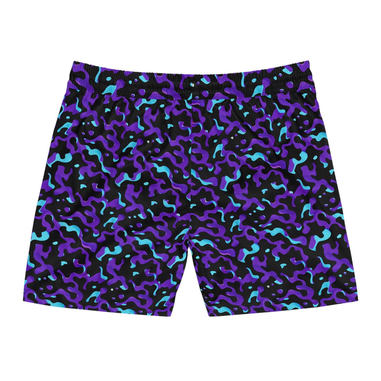 Men's Mid-Length Swim Shorts — Purple Teal Camo with 'Mizeauso' Script