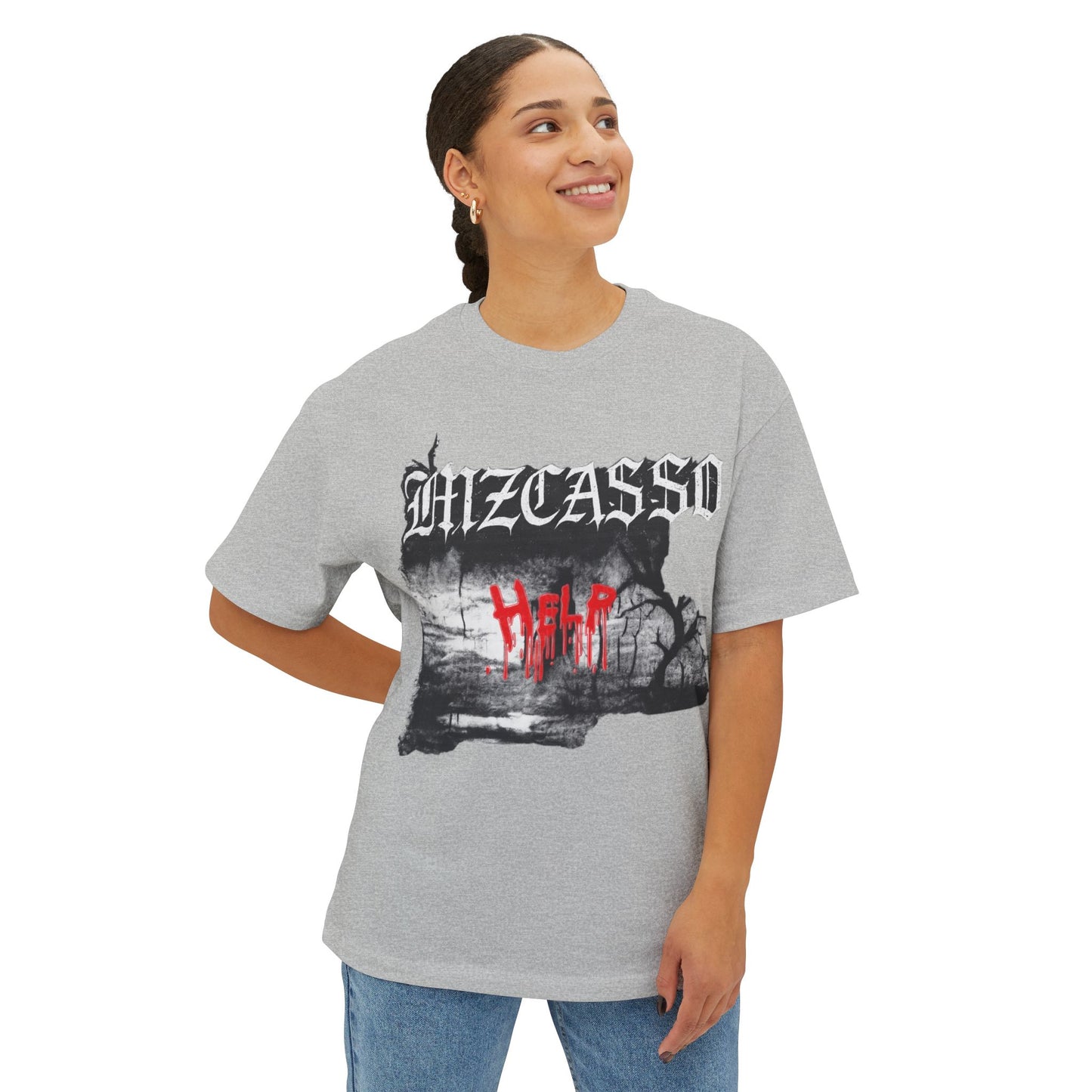 Gothic 'HELP' Graphic Tee — Oversized Boxy Horror Streetwear