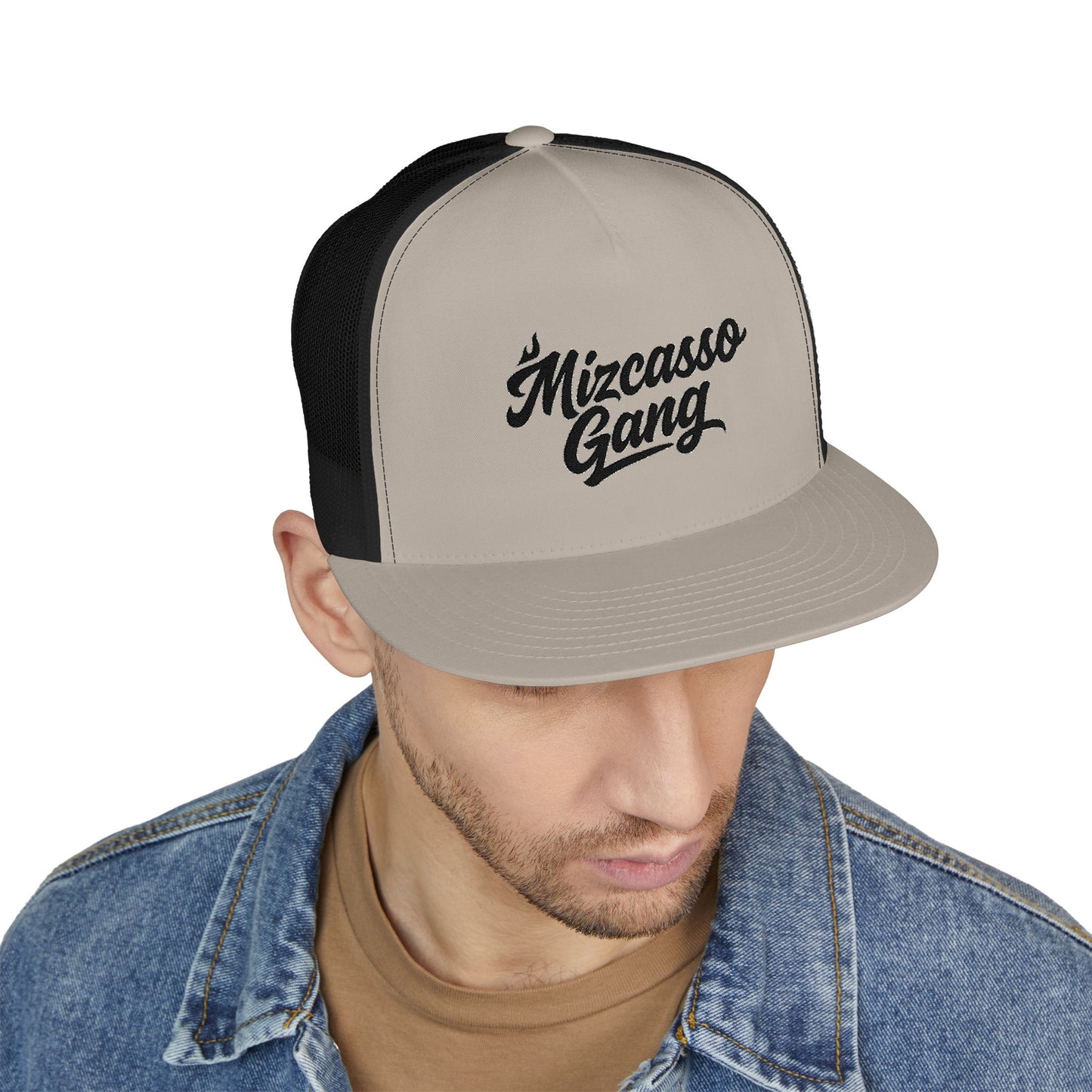Mizcasso Gang Embroidered 5 Panel Trucker Cap - Vintage Style Hat for Casual Wear