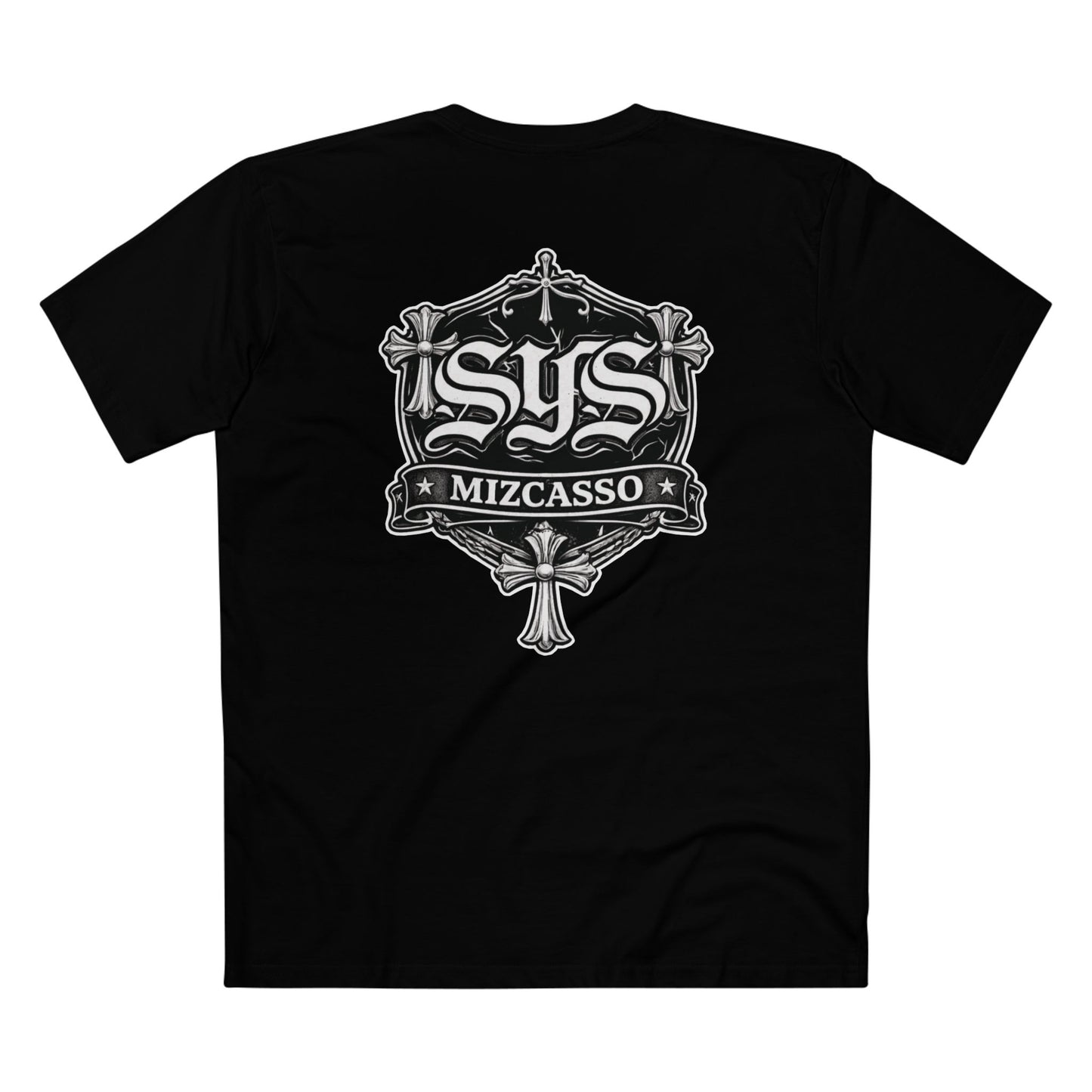 SYS Mizcasso Crest T-Shirt — Gothic Shield Logo Tee