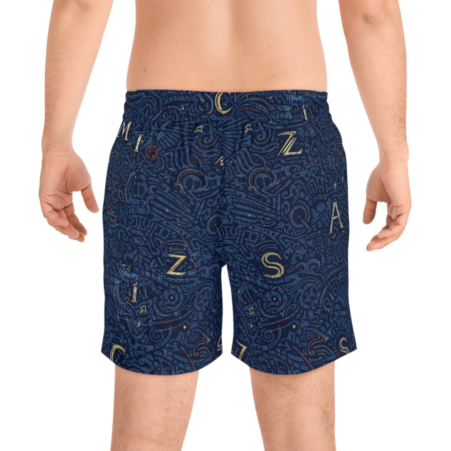 Navy Nautical Letter-Print Swim Shorts — Men's Mid-Length Beach Trunks