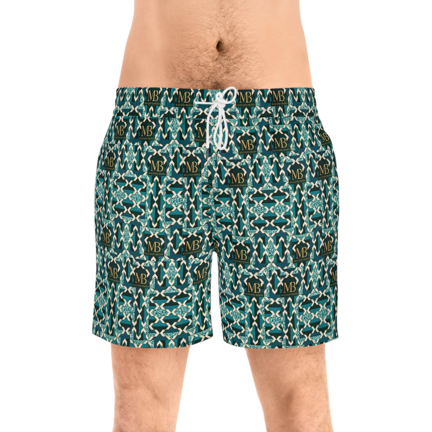 Monogram Medallion Swim Shorts — Teal Geometric AOP