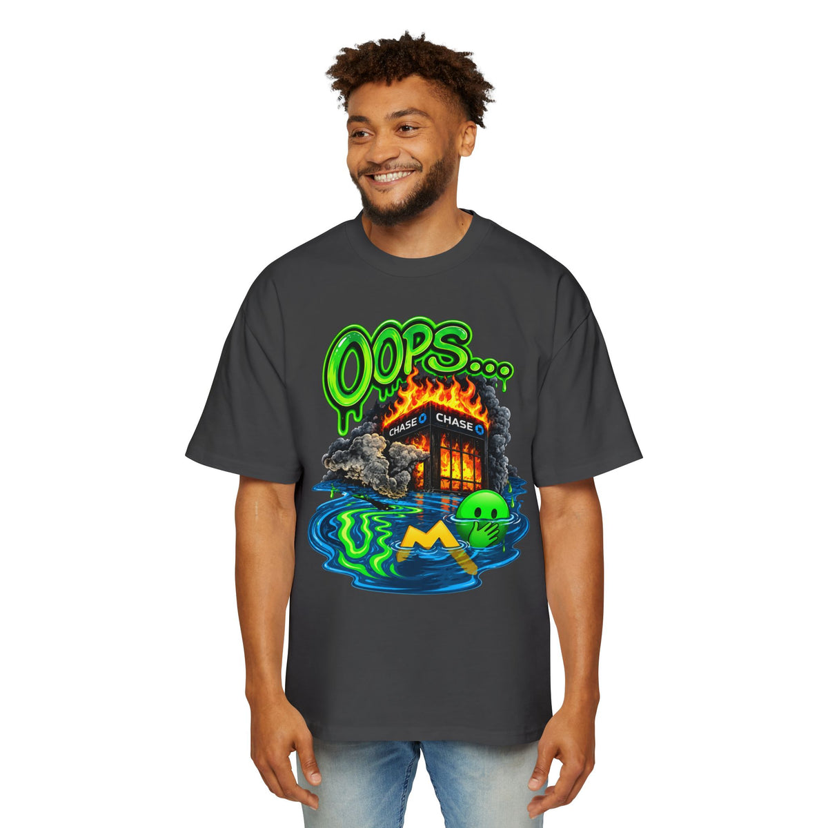 Oversized Tee - "Oops" Burning House Graphic with "I Think I Spilled Some" Back Text