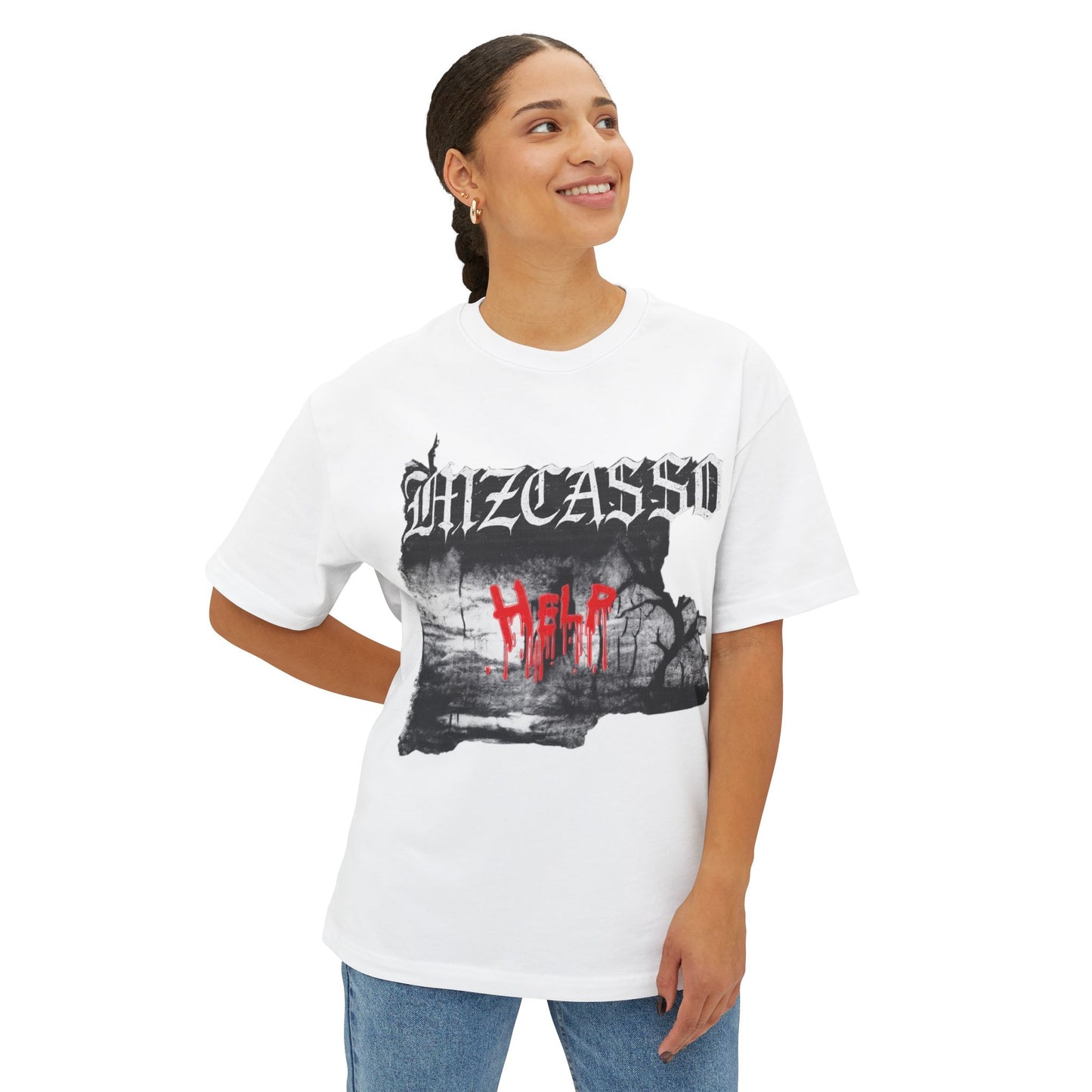 Gothic 'HELP' Graphic Tee — Oversized Boxy Horror Streetwear