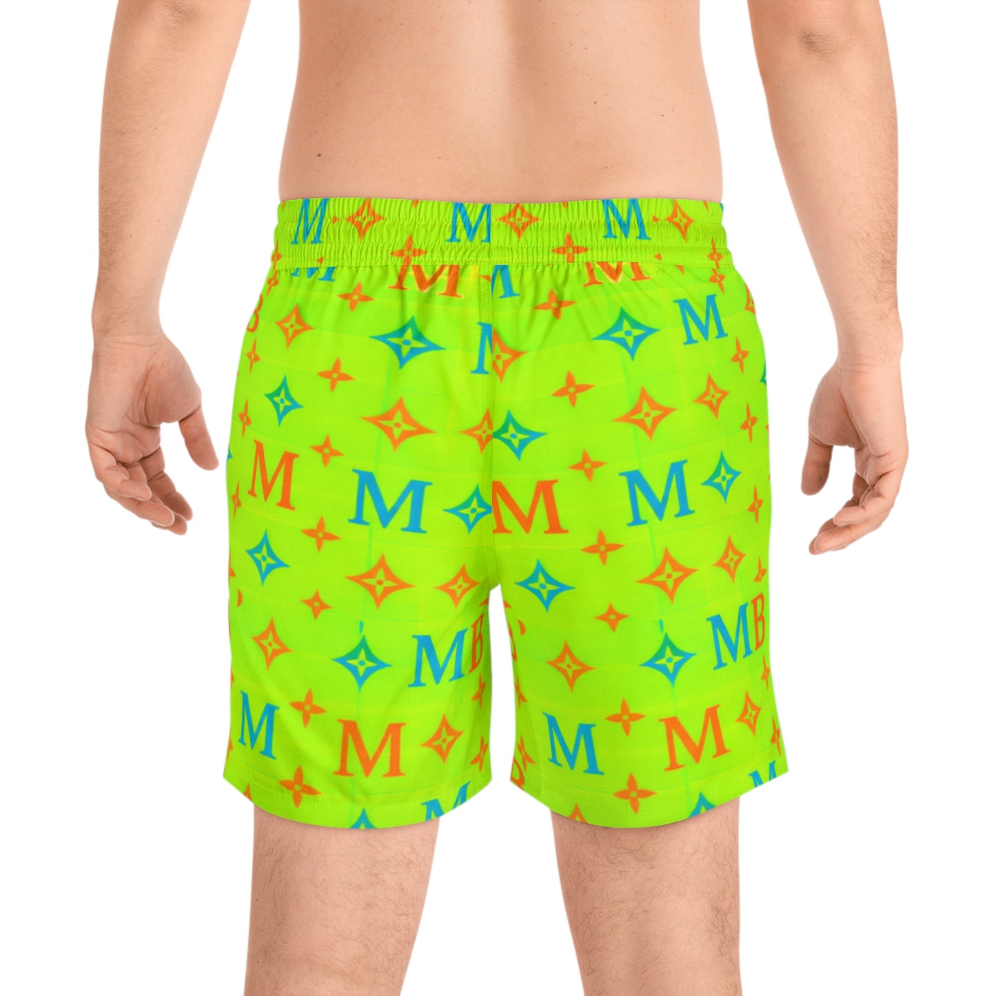 Neon Monogram Swim Shorts — Men's Mid-Length Beach Trunks