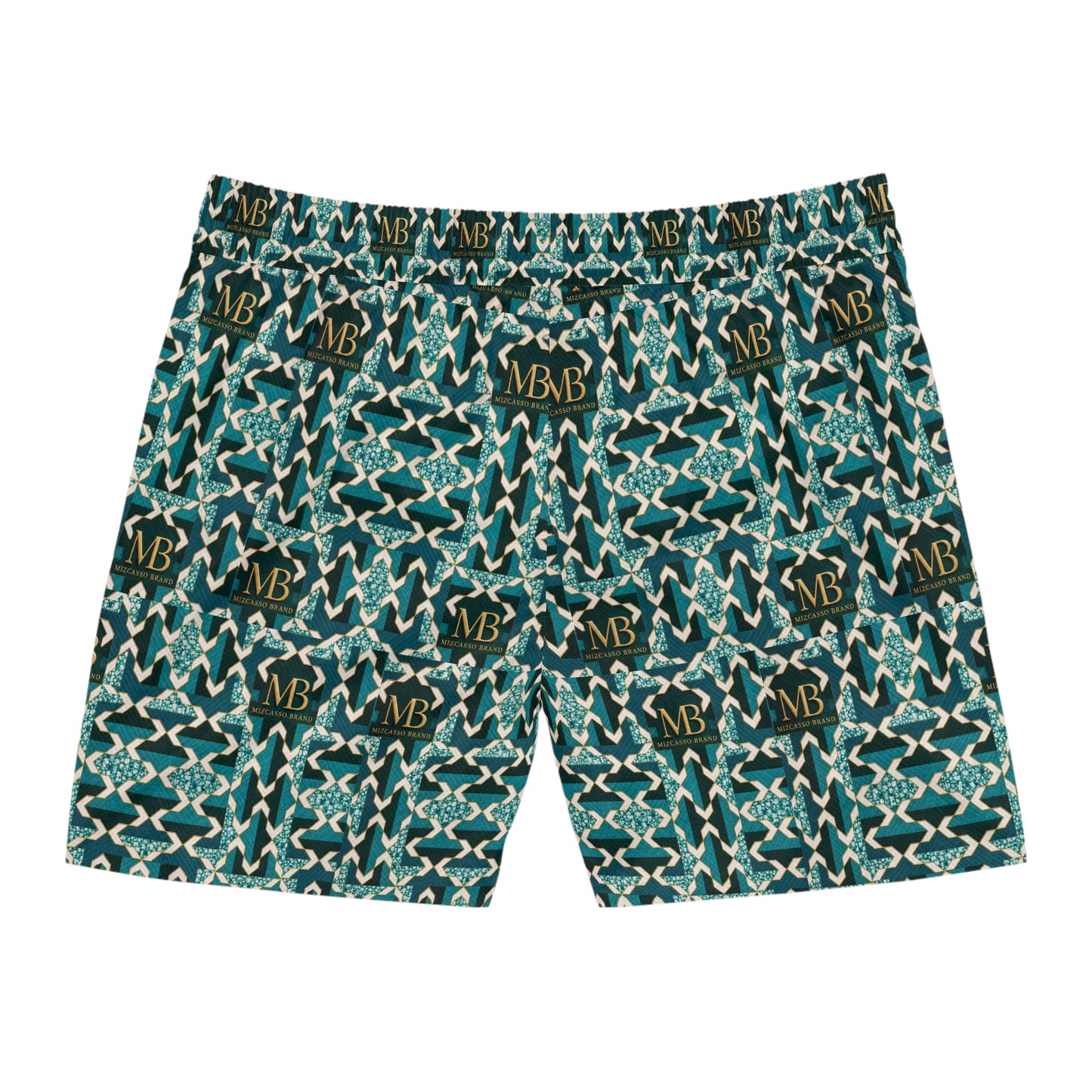 Monogram Medallion Swim Shorts — Teal Geometric AOP