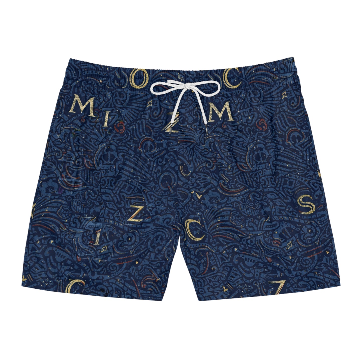 Navy Nautical Letter-Print Swim Shorts — Men's Mid-Length Beach Trunks